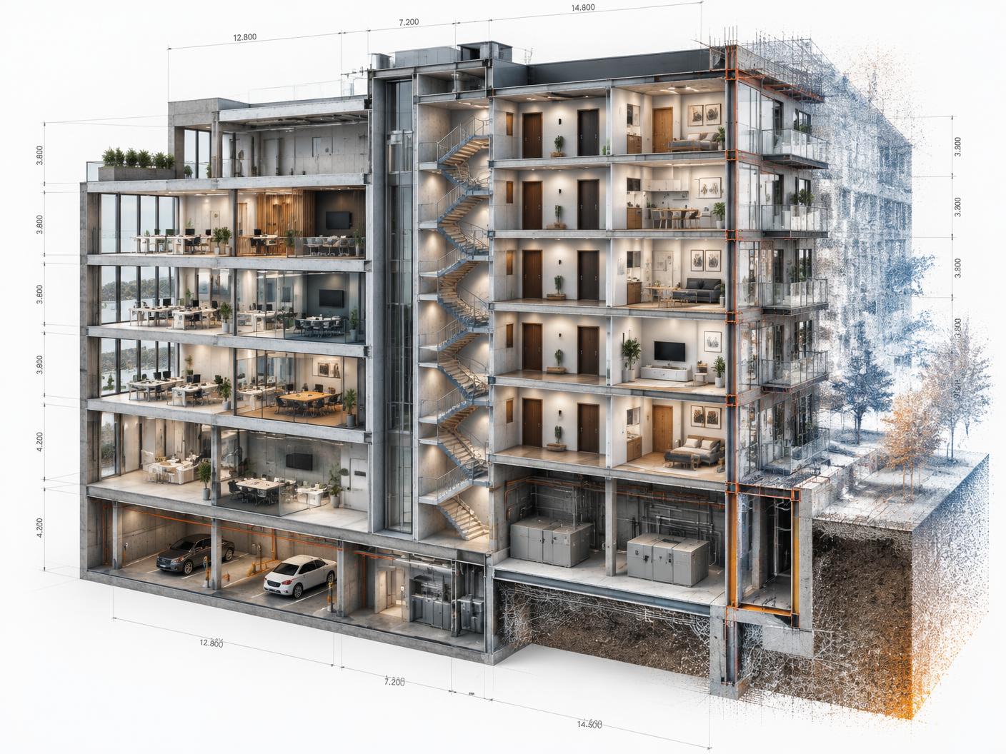 Illustrative cutaway building model with spatial measurement and reality-capture overlays